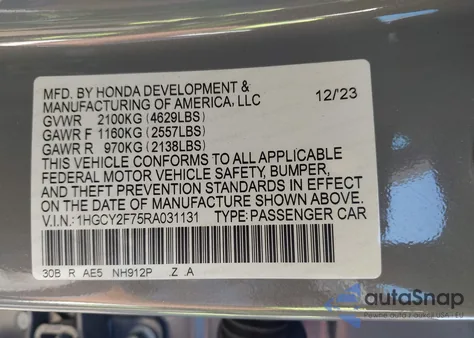 2024 Honda Accord Hybrid Sport-L from USA, damaged, VIN 1HGCY2F75RA031131